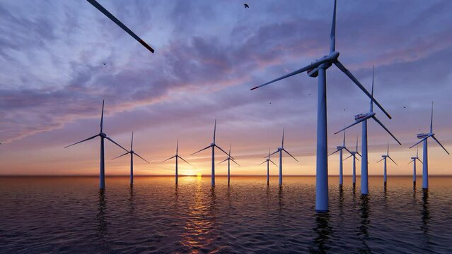 Windmill park. Offshore wind turbines farm on the ocean. Sustainable energy production. Green Energy, clean power, clean energy concept.