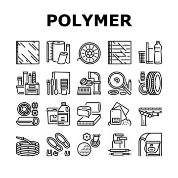 Polymer Material Industry Goods Icons Set Vector. Conveyor Belt And Garden Hose, Wheel And Bottle, Polyester Resin Bag And Container Polymer Industrial Production Black Contour Illustrations