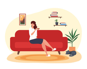 Woman at home drinking tea.Character resting in comfortable and cozy apartment. ostess with cat, morning and hot refreshing drink. Rest after work, love for pet. Cartoon flat vector illustration