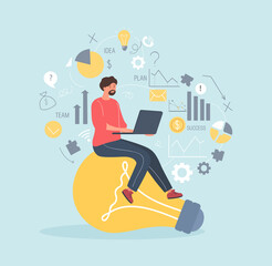 Concept of modern businessman. Man sits with laptop on armchair, digital world. Working with information, graphs and idiagrams. Entrepreneur analyzes statistics. Cartoon flat vector illustration