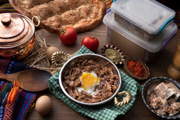 egg pan with roast meat on the table