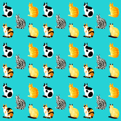 座る猫の後ろ姿のかわいいシームレスパターン　動物柄の手描き水彩イラストテキスタイル