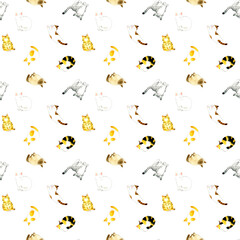 子猫のかわいいシームレスパターン　動物柄の手描き水彩イラストテキスタイル