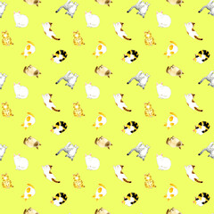 子猫のかわいいシームレスパターン　動物柄の手描き水彩イラストテキスタイル