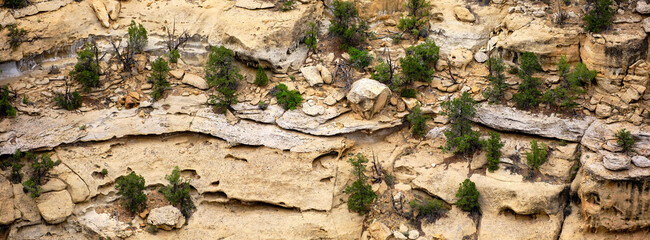 Panoramic image of the side of the rock face on the side of a cliff