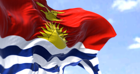 Detail of the national flag of Kiribati waving in the wind on a clear day