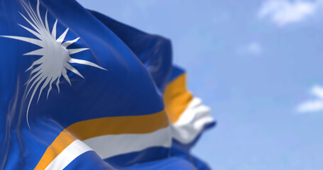 Detail of the national flag of Marshall Islands waving in the wind on a clear day