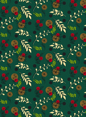 Seamless pattern with flowers and leaves in the paper cut style on the blue background