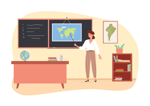 Teacher at lesson. Person points at map with pointer. Education and geography. Woman giving homework to students. Distance learning, chalkboard and exercises. Cartoon flat vector illustration