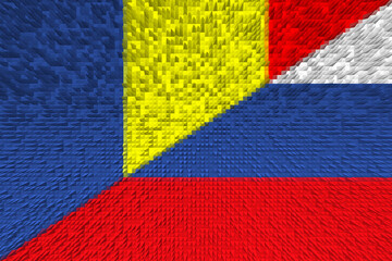 Moldova flag. Russia flag. Conflict between Russia and the Republic of Moldova war concept. Russian flag and Republic of Moldova flag background. Horizontal design. Abstract design. Illustration. 3D.
