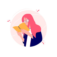 Girl reading a book cartoon vector illustration on white background.