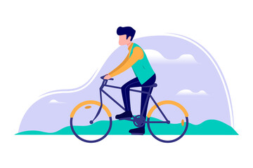 Fototapeta premium Young man riding a bicycle vector illustration. Stylish man cycling around the park cartoon.