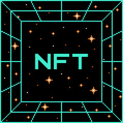 Pixel-art NFT message on a space background and vortex grid