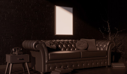 Poster frame on a brick wall in a dark room with classic leather black leather sofa, couch, dry plant, typewriter and books. Long parquet floor, 3d rendering