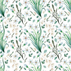 Seamless pattern with white field flowers, leaves, herbs and cereals. Hand painted watercolor background. Botanical art. Wrapping paper pattern.