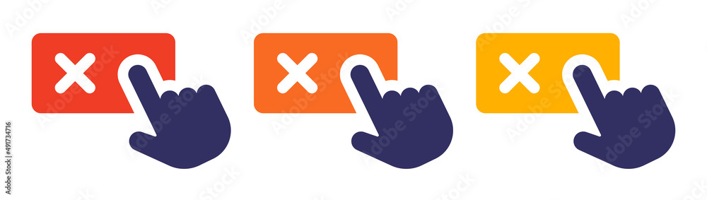 Aufkleber hand clicking close button icon set. reject button vector.