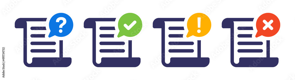 Aufkleber Document icon set with question mark, checkmark, exclamation mark and cross sign symbol.