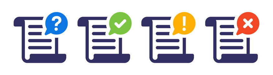 Document icon set with question mark, checkmark, exclamation mark and cross sign symbol.