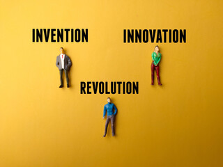 Top view miniature people with text INVENTION,INNOVATION,REVOLUTION on yellow background.
