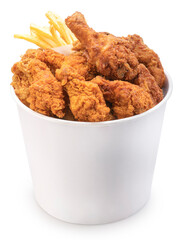 Fried chicken in paper bucket isolated on white background, Fried chicken on white With clipping path.