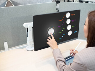 Businesswoman boss manager company office pointing finger hand touchscreen computer notebook tablet...