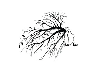 Tree Lady life Vector illustration. Save Trees. branch leaf icon, Tree with Roots emblem isolated on white background, Flat style for graphic and silhouette, logo. EPS10.