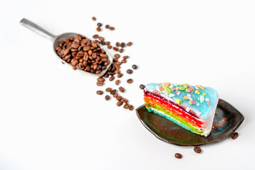 Cup of hot coffee and other ingredients over white background