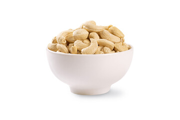 Bowl of cashew nuts on white background.