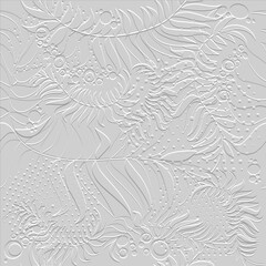 Embossed floral line art 3d seamless pattern. Ornamental beautiful leafy relief background. Repeat textured white backdrop. Surface leaves, branches, shapes. 3d endless ornament with embossing effect