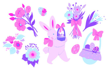 Easter set. Сute Bunny Basket with  Easter Eggs Bouquet of Flowers. Spring Flowers. Perfect for printing poster, sticker set, bunners. Hand drawn vector cartoon illustration.