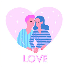 Card Happy Couple in love holding hands in big Heart and stars as background with closed eyes. Flat style. Vector illustration.