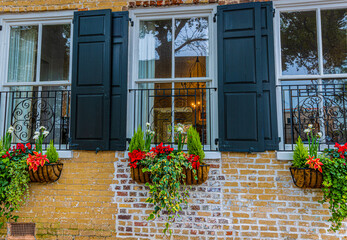 Plant Filled Window Boxes in The Historic District, Charleston, South Carolina, USA