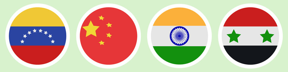 Flags of different countries. A set of stickers on a white backing. Collection of vector icons. Isolated background. Venezuela, China, India, Syria. National symbol of the state. Political themes. 