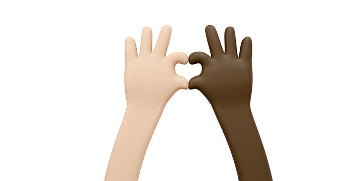 3D Rendering of hands in many color skin gesturing mini heart sign isolated on white background banner concept of stop racism no war stop fighting and equality of human rights. 3D Render illustration.