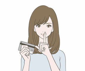 カードを持ち、人差し指を口に当てる女性