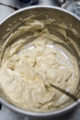 Turkish Kaymak Clotted cream, butter cream. Gray background. Top view. Copy space