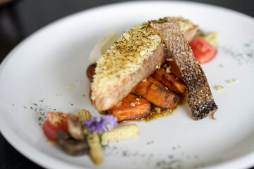 Herb Crusted Salmon. Grilled salmon steak with lemon mushroom and potatoes
