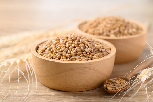 Whole wheat grain in wooden bowl, Food ingredients