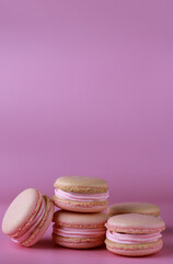 macaroons with pink buttercream on a purple background with copy space