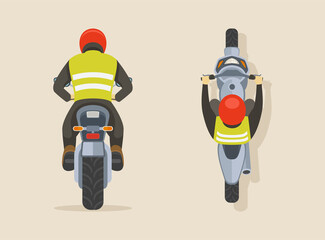 Isolated man in a red helmet riding motorcycle. Back and top view a bike rider. Flat vector illustration template.  © flatvectors