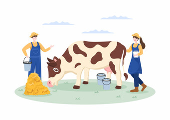 Farmers are Milking Cows to Produce or Obtain Milk with Views of Green Meadows or on Farms in an Illustration Flat Style