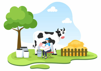 Farmers are Milking Cows to Produce or Obtain Milk with Views of Green Meadows or on Farms in an Illustration Flat Style
