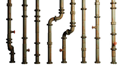 set of metal pipes with valves, connectors and rivets (isolated cutout on white background, 3d render) - obrazy, fototapety, plakaty