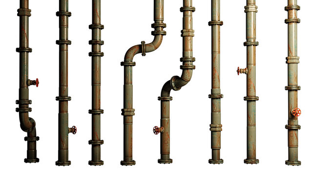 set of metal pipes with valves, connectors and rivets (isolated cutout on white background, 3d render)