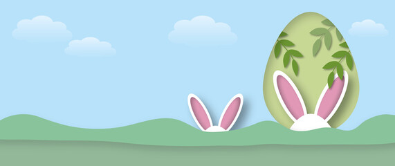 Bunny ears with clouds and egg on blue sky background, Holiday illustration for greeting card of Easter’s Day, space for the text. paper cut design style.