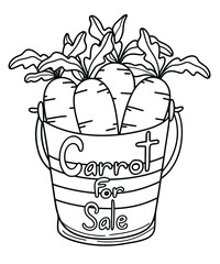 Carrots in bucket outline, Easter illustration for coloring book