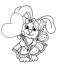 Cute rabbit holding heart balloon and flower, Easter illustration for coloring book