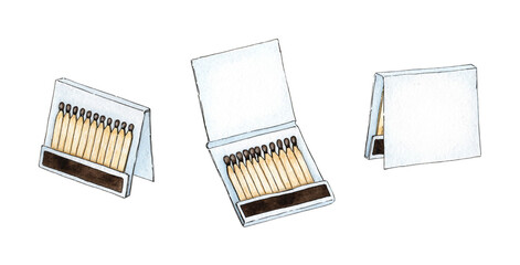 Watercolor illustration set of matchbooks full of red matches. Get the flame. Light the fire. Burnt wooden stick. Hand drawn doodles. Isolated on white background. Drawn by hand.