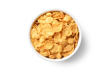 Flat lay of corn flakes in white bowl isolated on white background. Clipping path