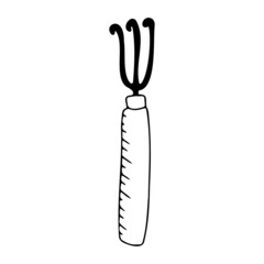 Garden tool doodle icon, shovel, rake, scissors
